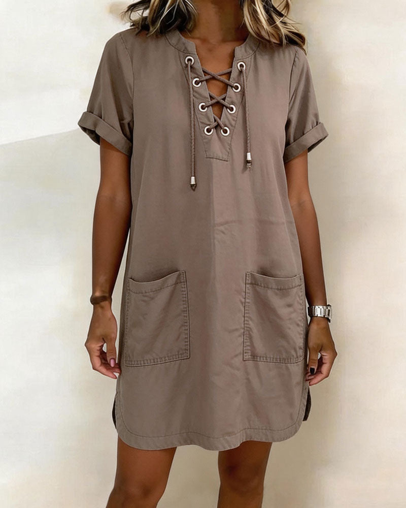 Tie V Neck Pocket Sheath Dress