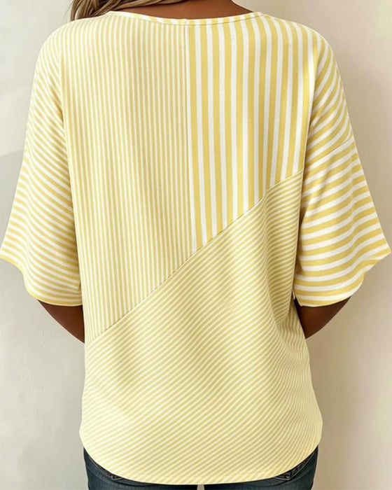 Striped Crew Neck Color Block T-Shirt