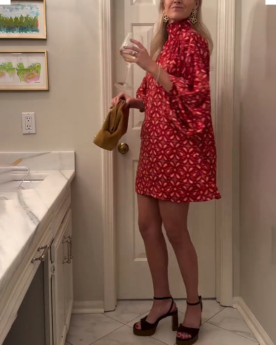 High-Neck Puff-Sleeved Fashionable Printed Dress