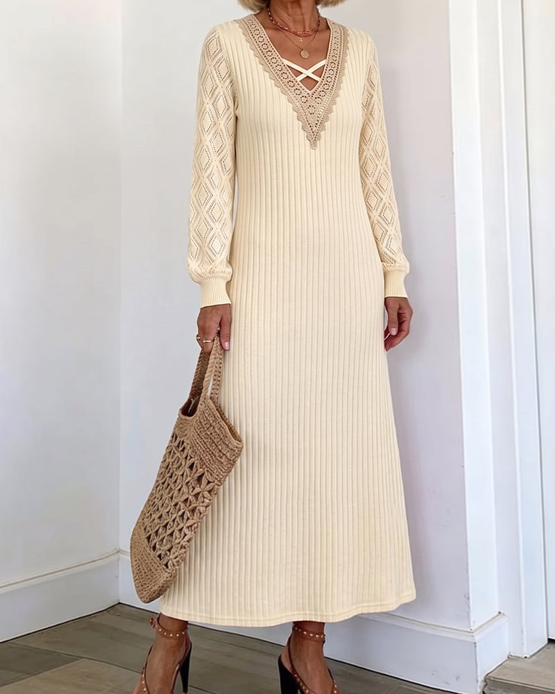 Lace V-Neck Solid Color Dress