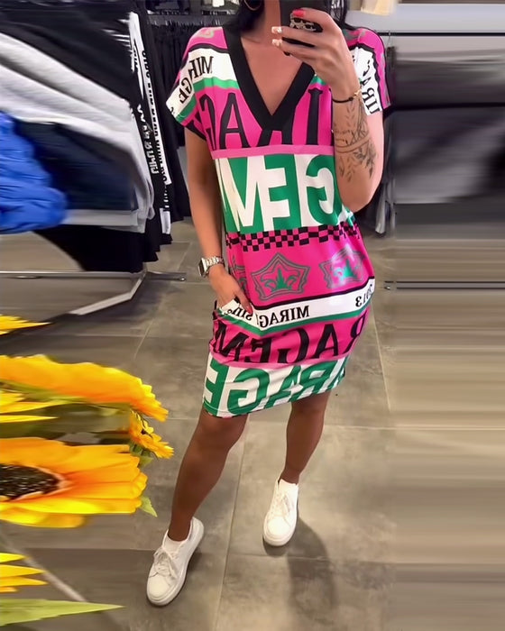 Printed V-Neck Short-Sleeved Dress