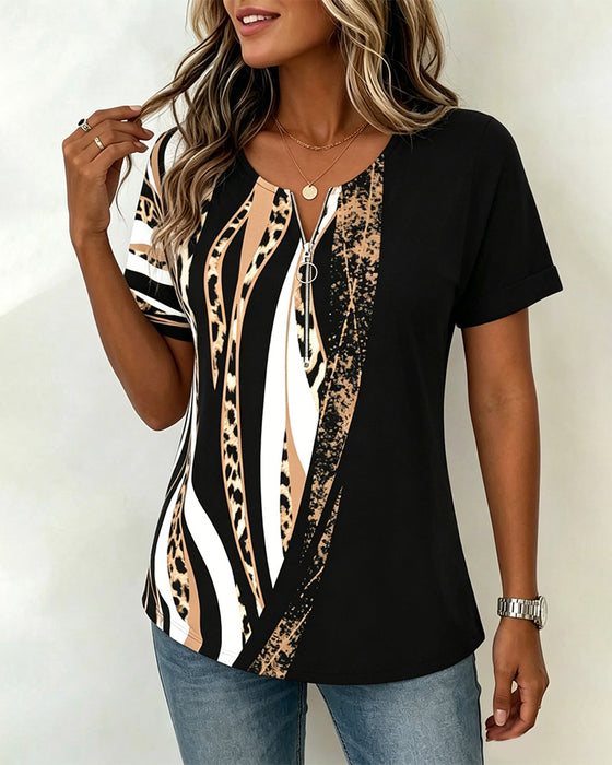 Zipper Leopard Print Color-Block Casual T-Shirt