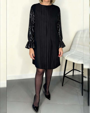 Solid Color Flared Sleeve Pleated Dress