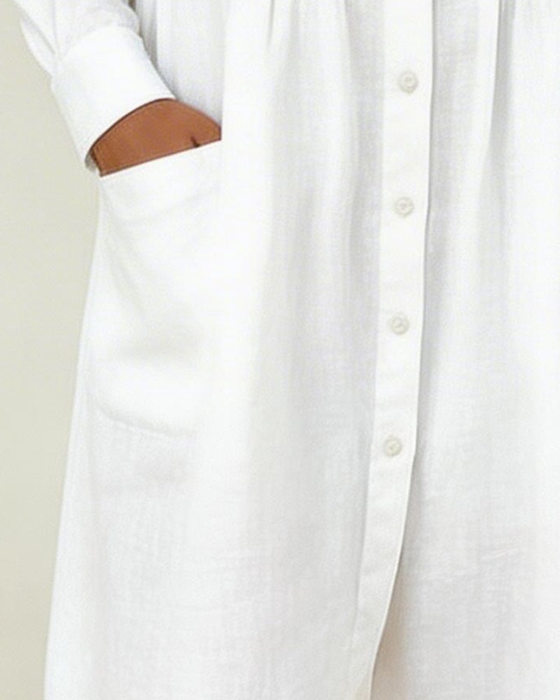 Solid Color Cotton Pleated Shirt Dress