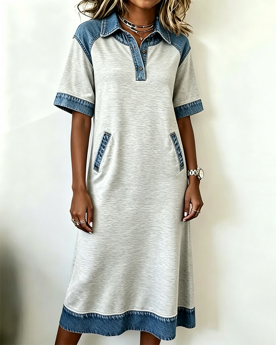 Shirt Collar Denim Patchwork Pocket Dress
