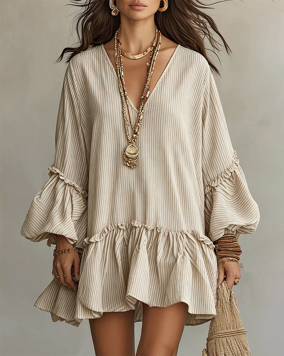 V-Neck Lantern Sleeve Striped Mini Dress