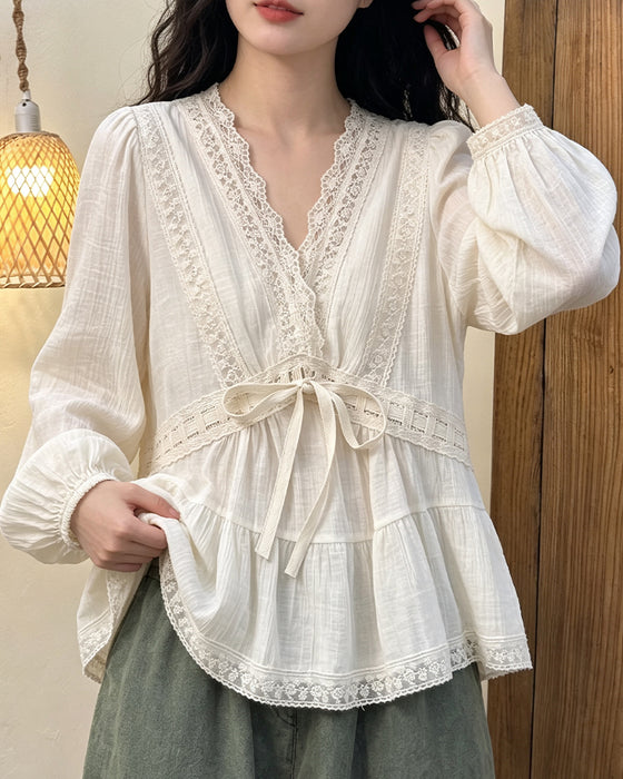 V-Neck Bubble Sleeve Lace Patchwork Flared Blouse