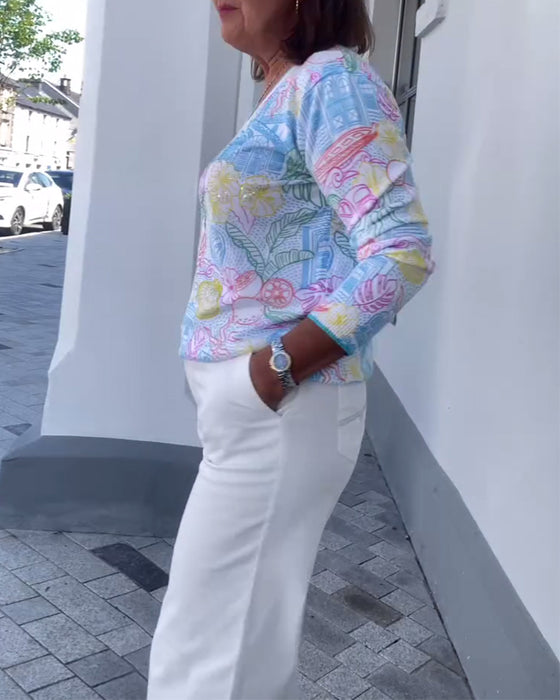 V-Neck Printed Fashion Sweater