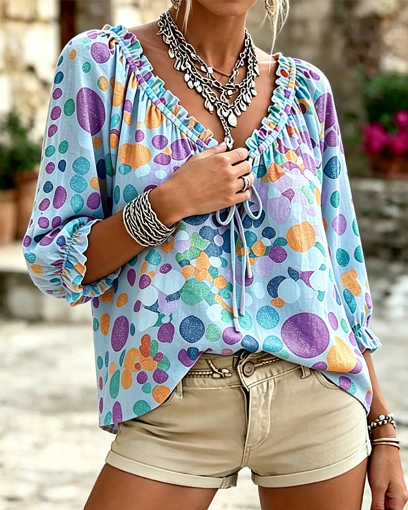 V-Neck Polka Dot Lace Up Blouse