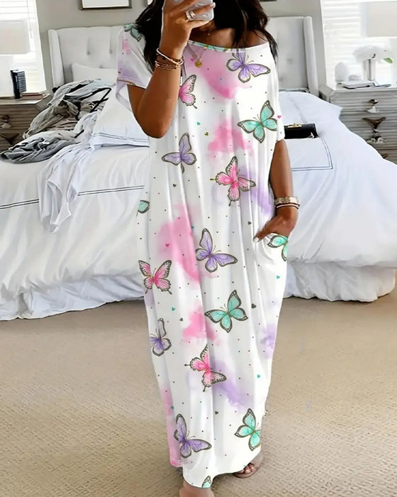 Off-Shoulder Floral Pocket Full-Skirt Dress