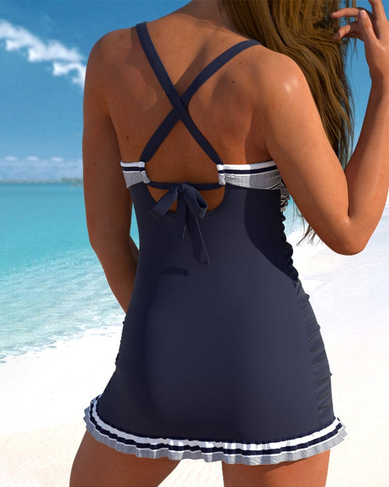 Striped printed lace-up swimsuit