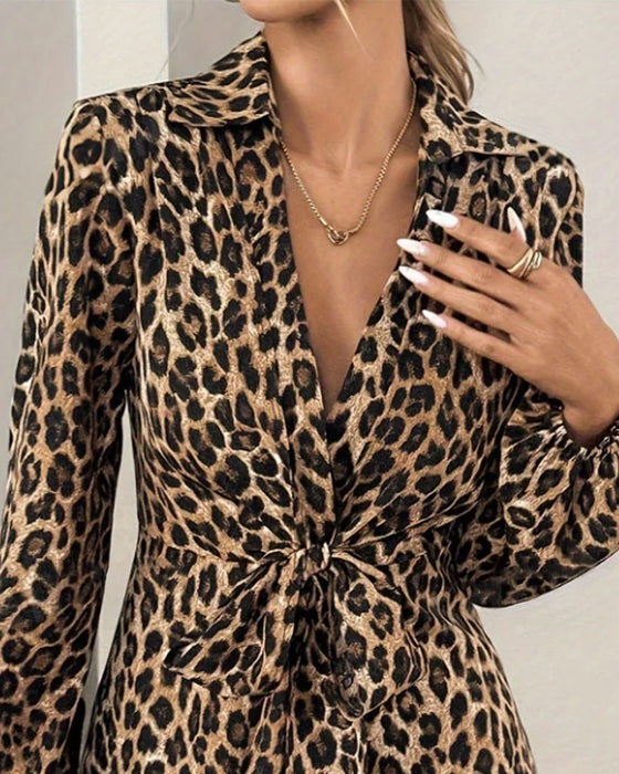 Leopard Print Lapel Bandage Waist Top