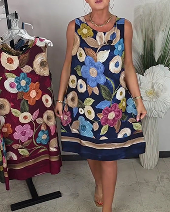 Oil Painting Floral Sleeveless Shift Dress