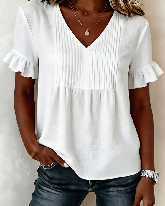 Ruffled V-Neck Short-Sleeved Blouse
