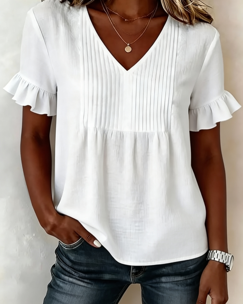 Ruffled V-Neck Short-Sleeved Blouse