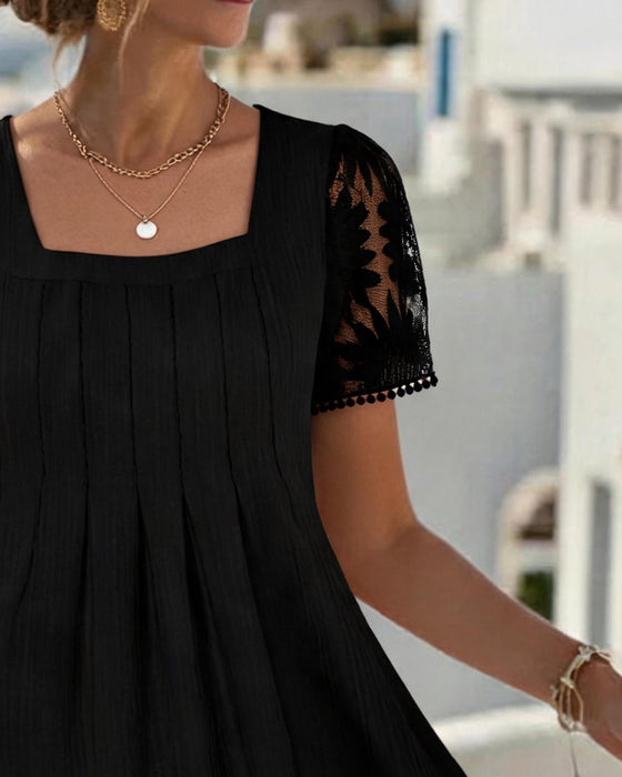 Square Neck Solid Lace Patchwork High Waist Dress