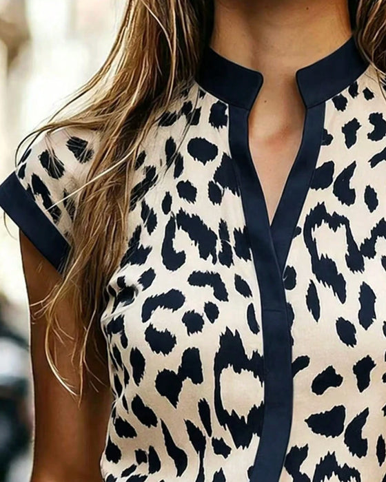 Stand Collar Leopard Short Sleeve Blouse