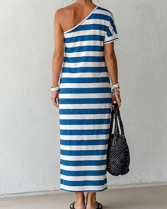 Asymmetric Striped Off-Shoulder Dress