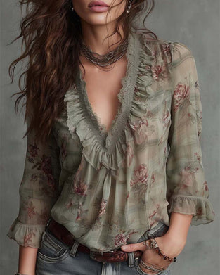 Floral V-Neck Ruffled Blouse