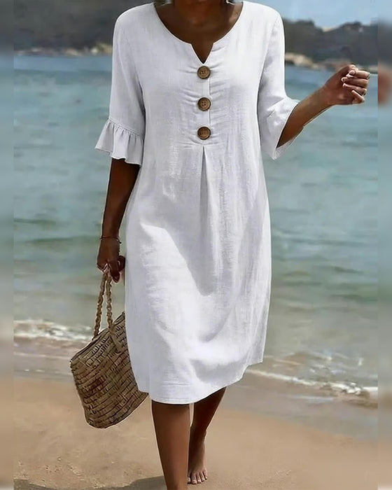 Button Ruffle Sleeve Cotton-Linen Dress