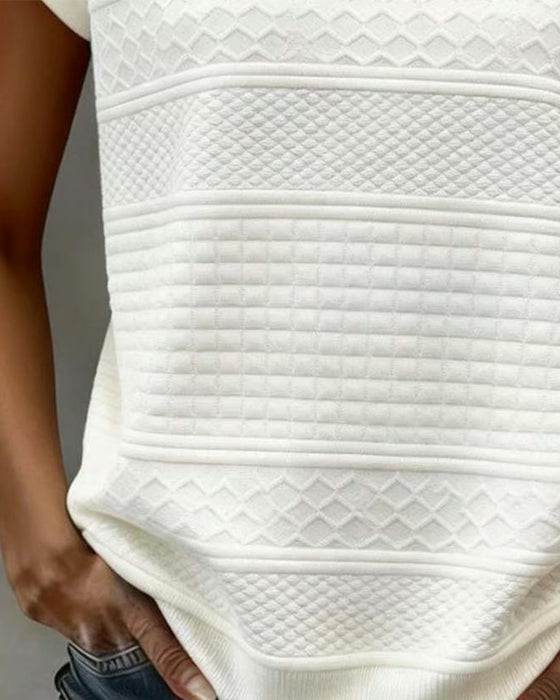 Button Small V-Neck Cable Short-Sleeved T-Shirt