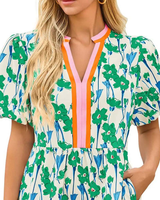 V-Neck Floral Bubble Sleeve Patchwork Dress