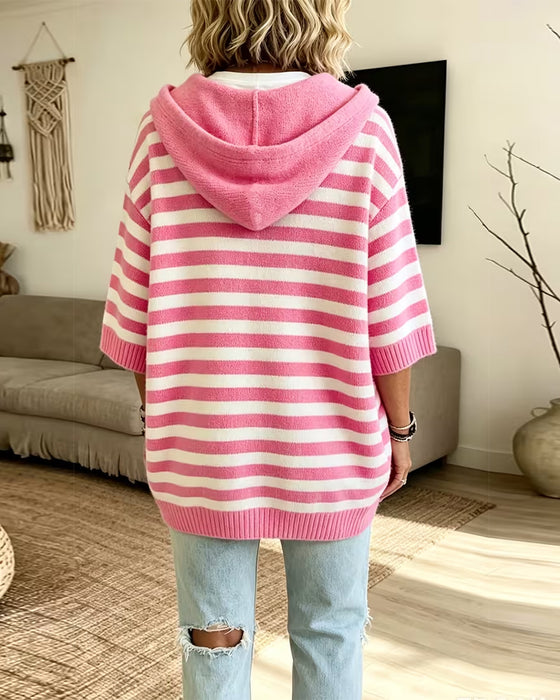 Stripe Hooded Loose Three-Quarter Sleeve Sweater