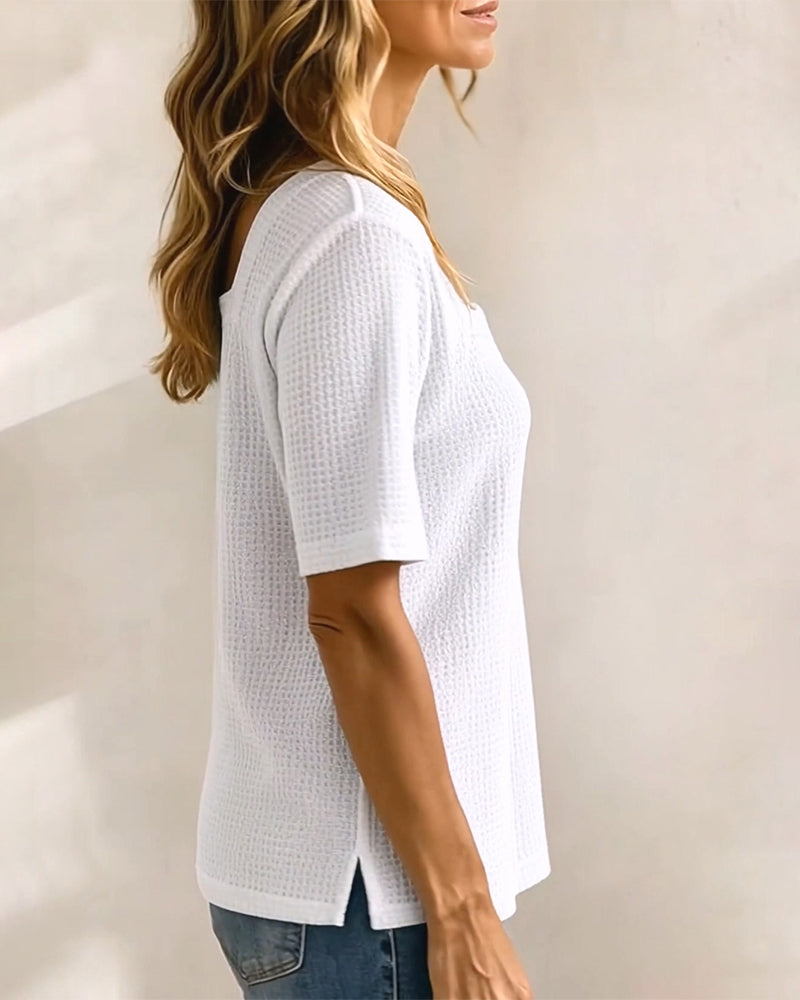 Square Neck Button Waffle T-Shirt
