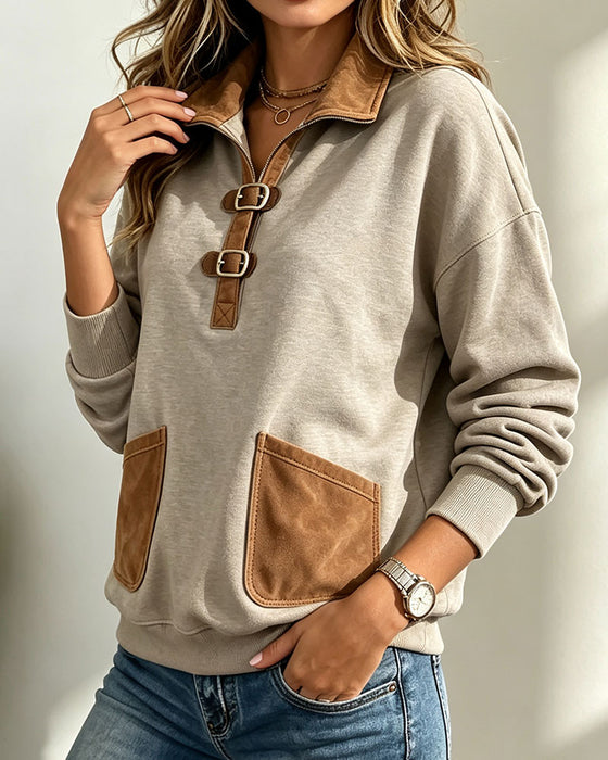 Suede Patchwork Pocket Sweatshirt