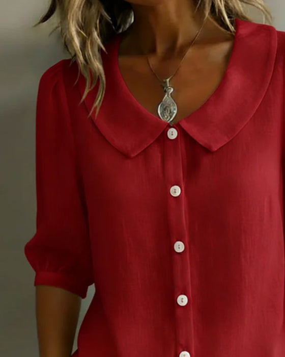 Cotton Mid-Sleeve Peter Pan Collar Shirt
