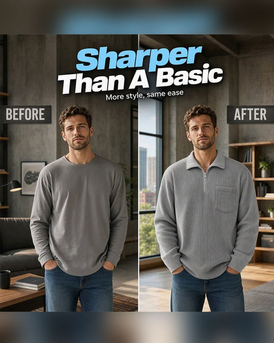 Ribbed Half Zip Lapel Long Sleeve Sweatshirt