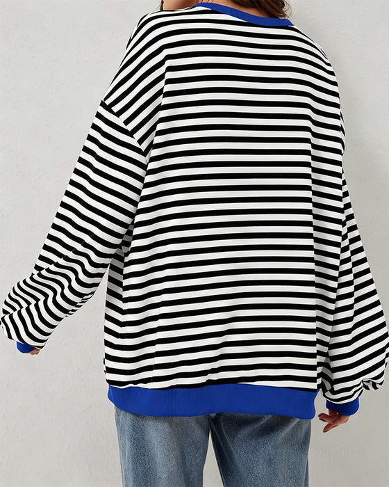 Striped Round Neck Color Block T-Shirt