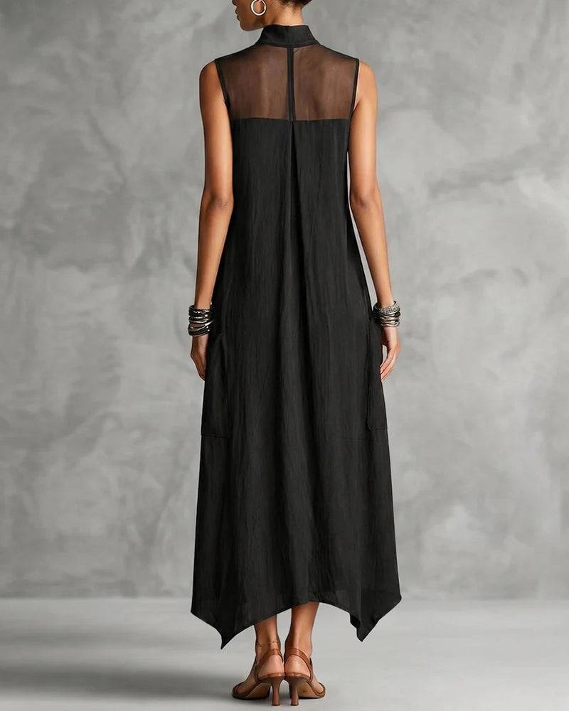 High Collar Sleeveless Long Pockets Dress