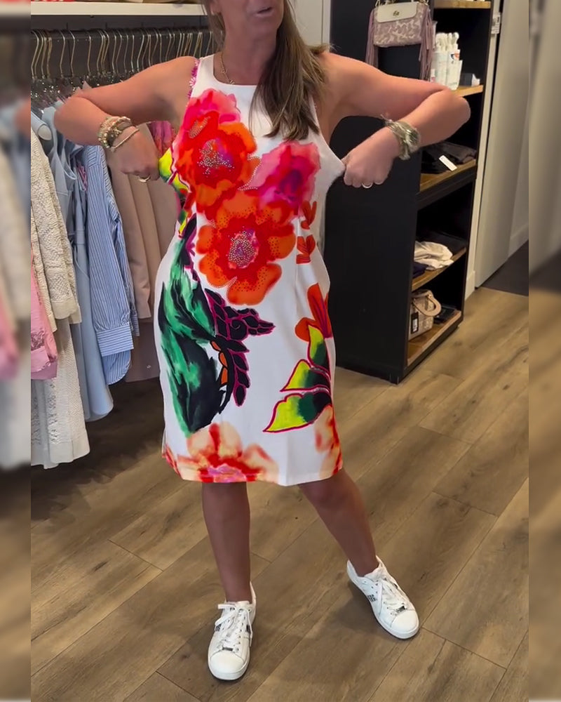 Watercolor Large Flower Sleeveless Hip Dress