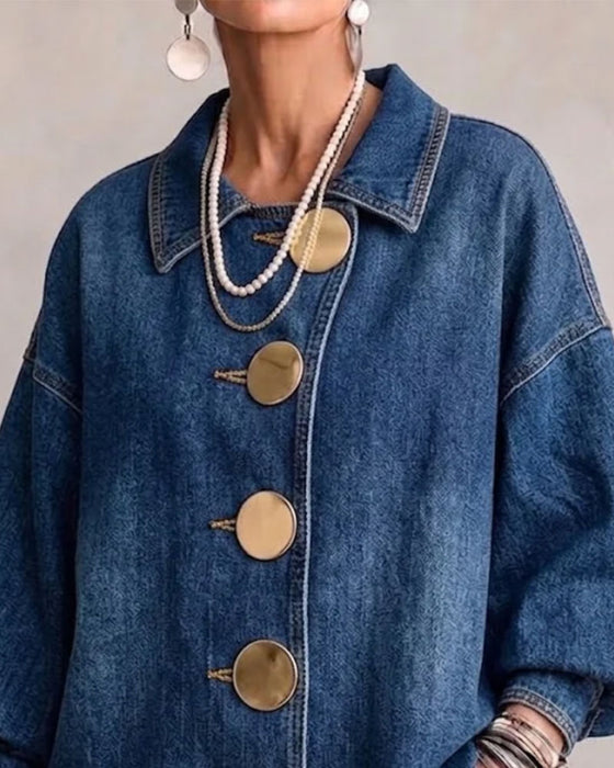 Lapel Buttoned Puff Sleeve Denim Coat