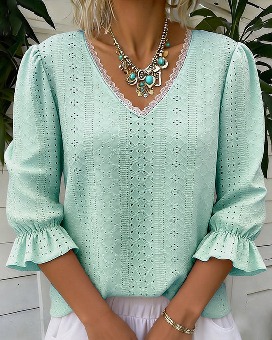 Elegant V-Neck Lace Cut-Out T-Shirt