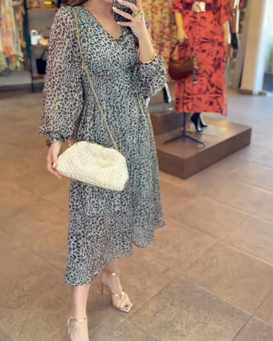 Puff Sleeve V-Neck Printed Dress