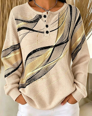 Crew-Neck Button-Down Stripe Sweatshirt