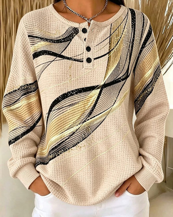 Crew-Neck Button-Down Stripe Sweatshirt