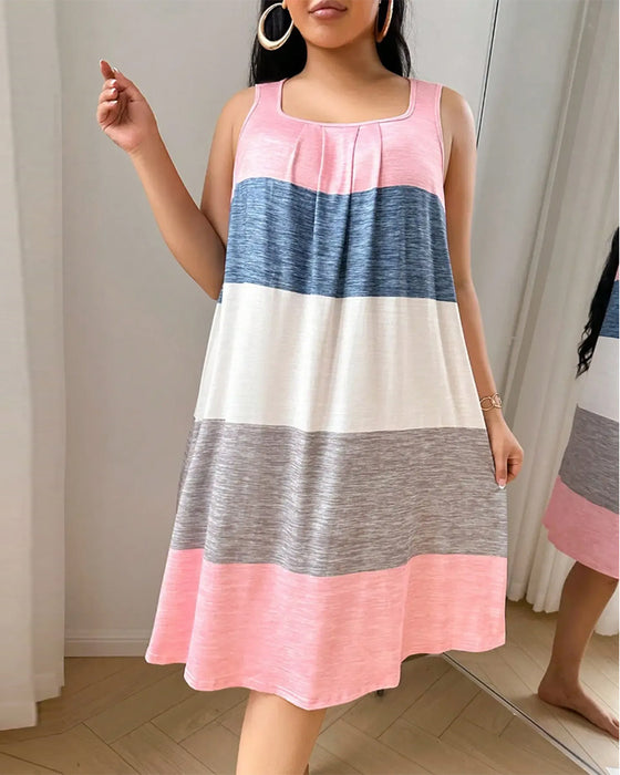 Square Neck Sleeveless Color-Block Stripe Sleep Dress