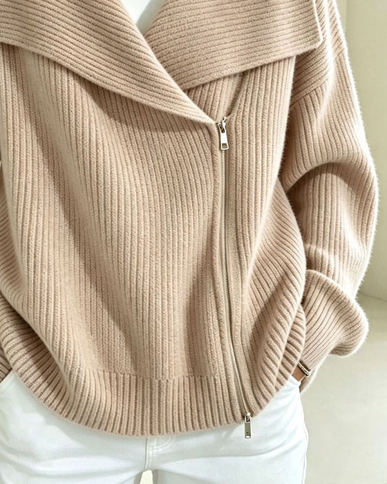 Large Lapel Diagonal Zipper Cardigan