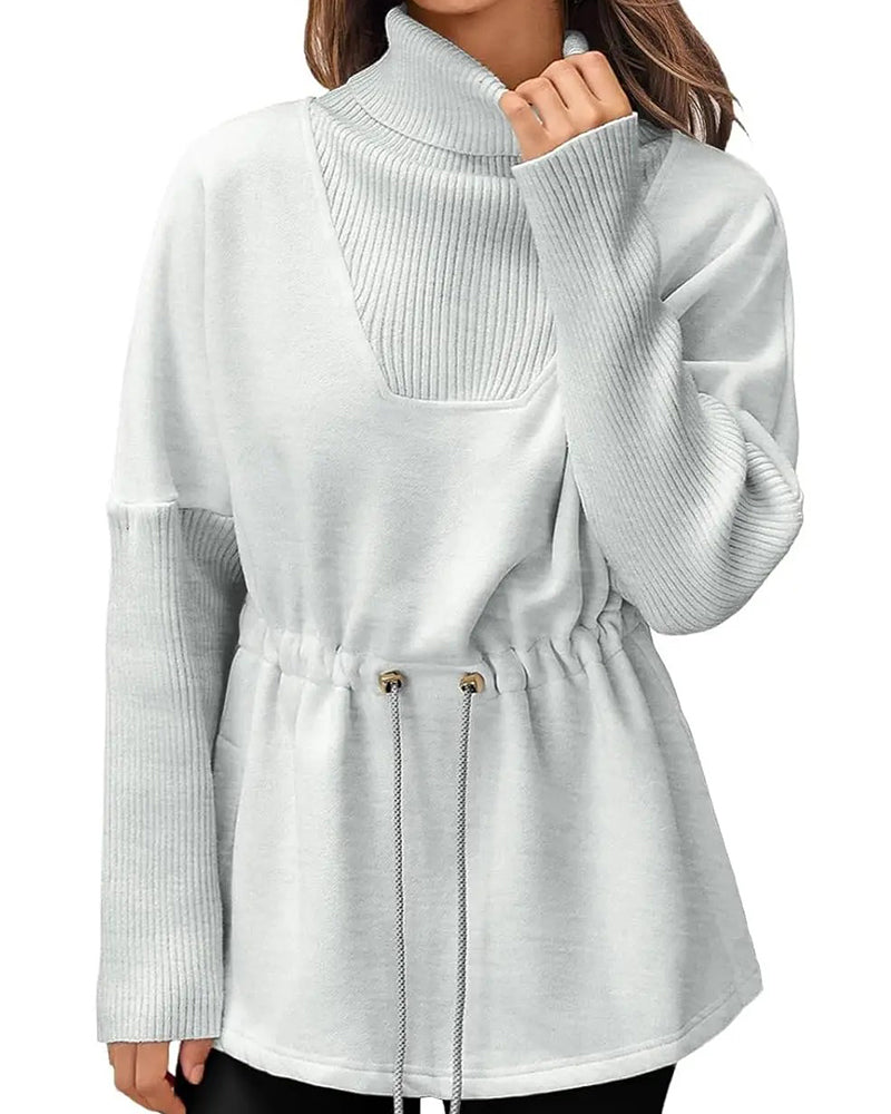 High Collar Long Sleeve Waist Drawstring Sweatshirt