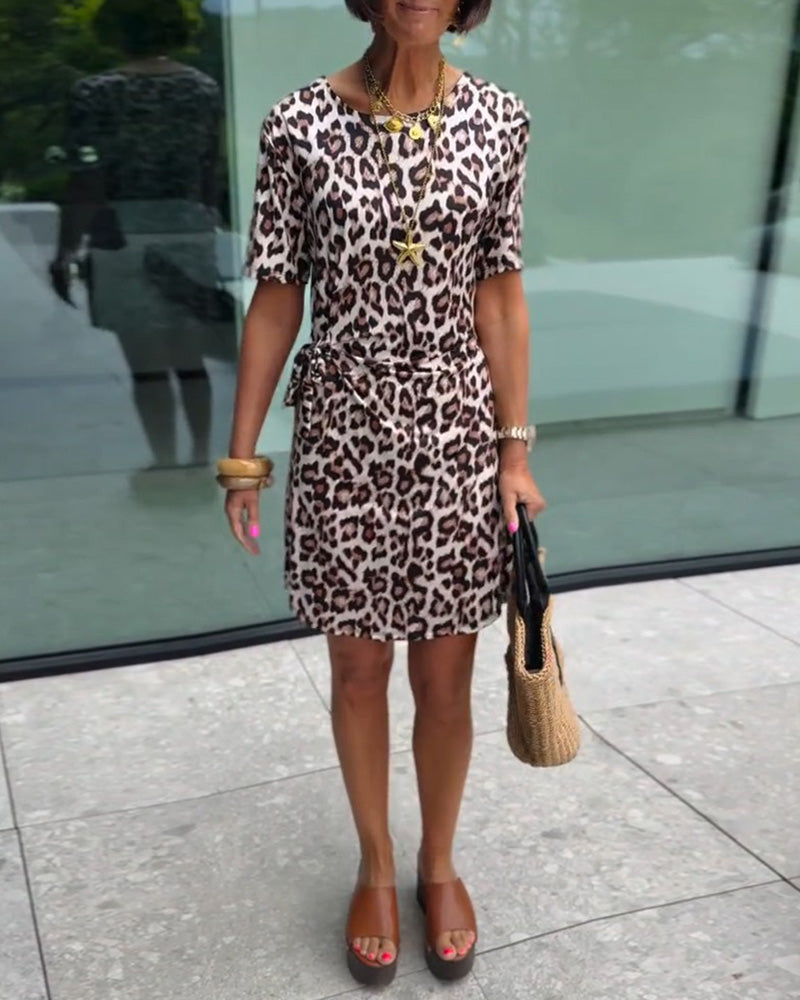 Round Neck Leopard Print Short Sleeve Dress