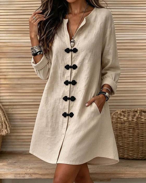 V-Neck Button-Front Shirt Style Short Dress