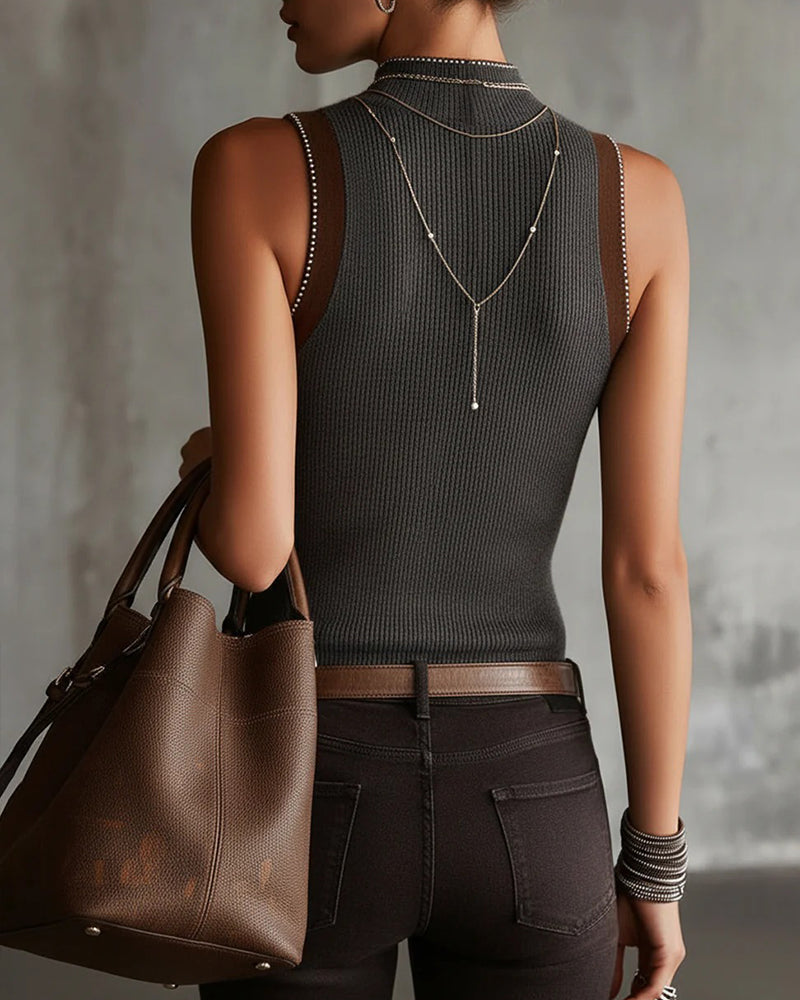 Half Turtleneck Sleeveless Knitted Tank Top