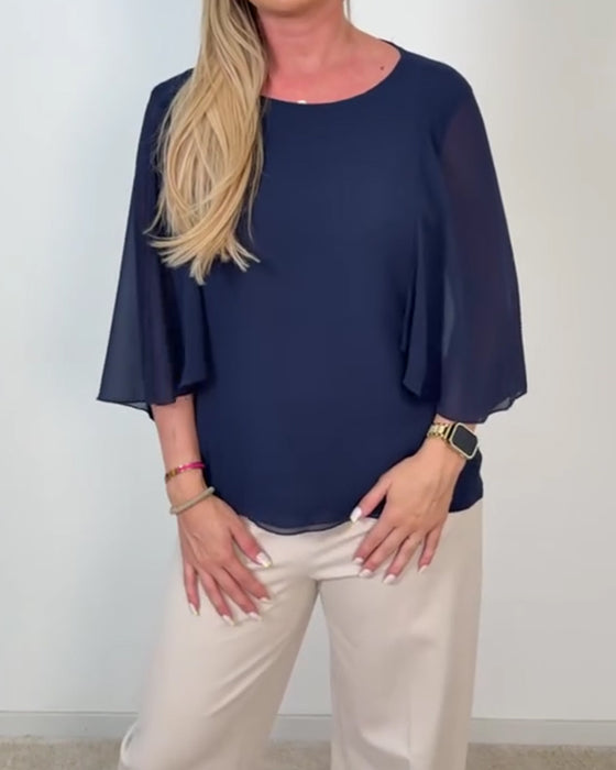 Bell Sleeve Crew Neck Blouse