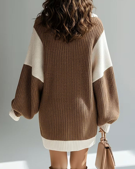 Lapel Zipper Contrast Sweater Dress