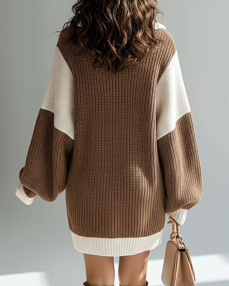 Lapel Zipper Contrast Sweater Dress