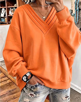 Double Layer V-Neck Drop Shoulder Loose Sweatshirt