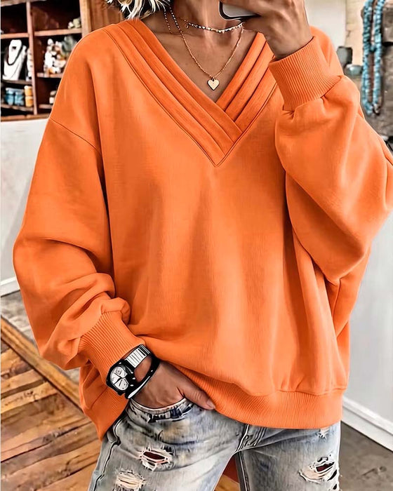 Double Layer V-Neck Drop Shoulder Loose Sweatshirt